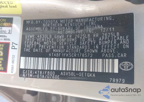 2012 Toyota Camry Xle from USA, damaged, VIN 4T4BF1FK5CR178572